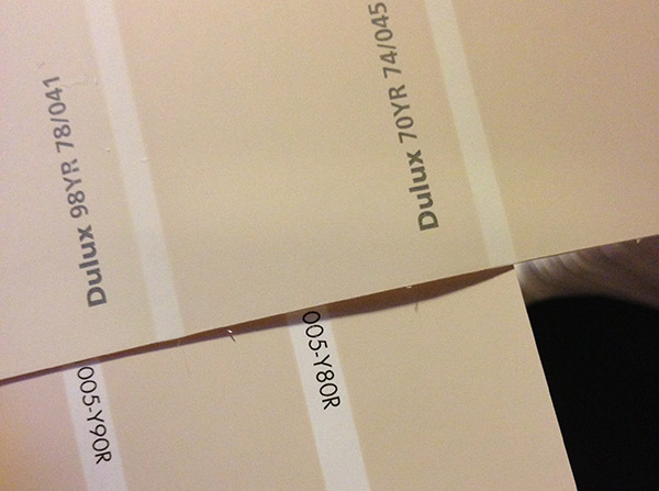 Colour matching Dulux samples. The tones are ever-so-slightly off.