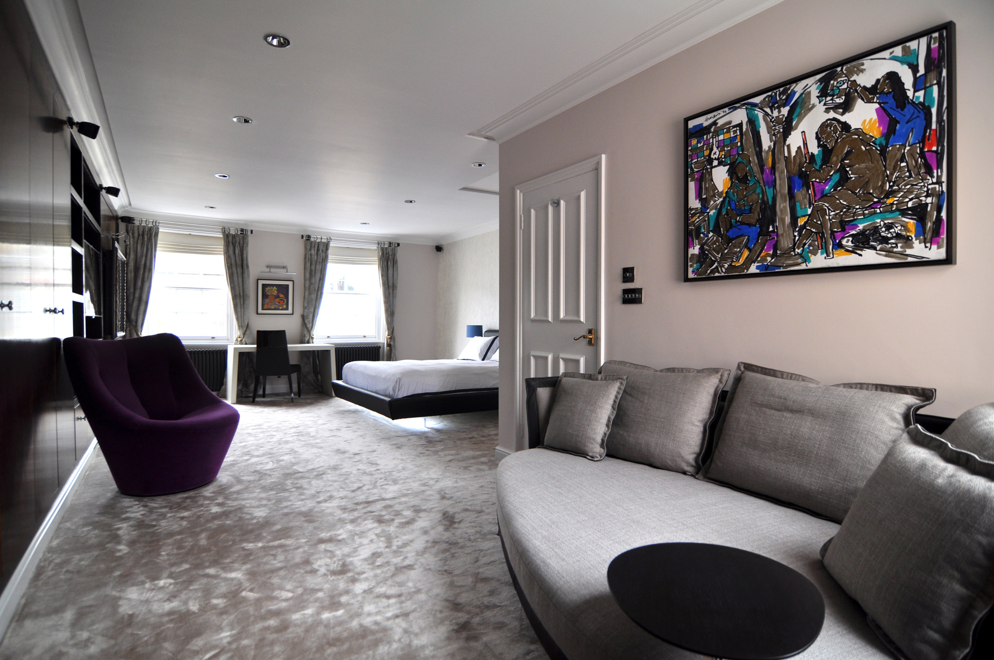 Mayfair interior design - Luxury Bedroom featuring bespoke lighting and MF Husain artwork