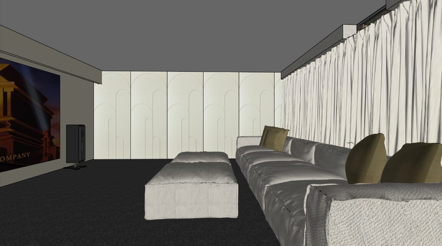 A 3D visualisation of how the cinema room will look when completed. This is done via Sketch Up.