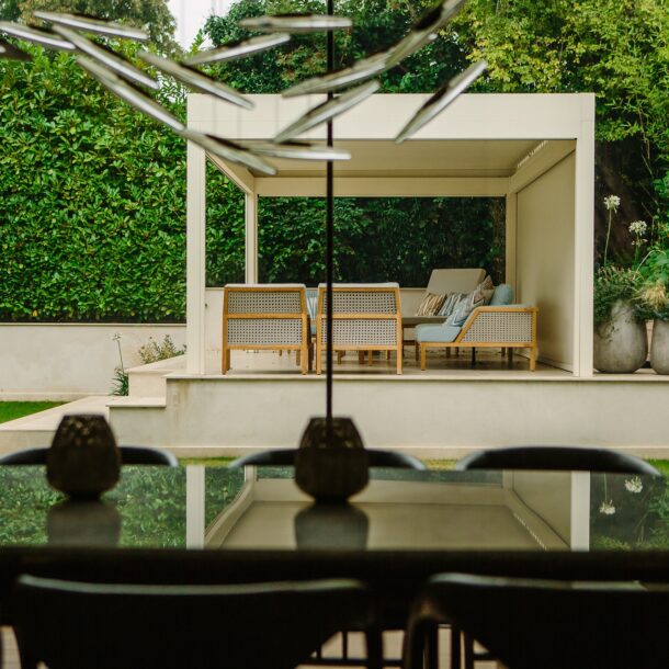 Outdoor patio seating area with water-resistant cushions