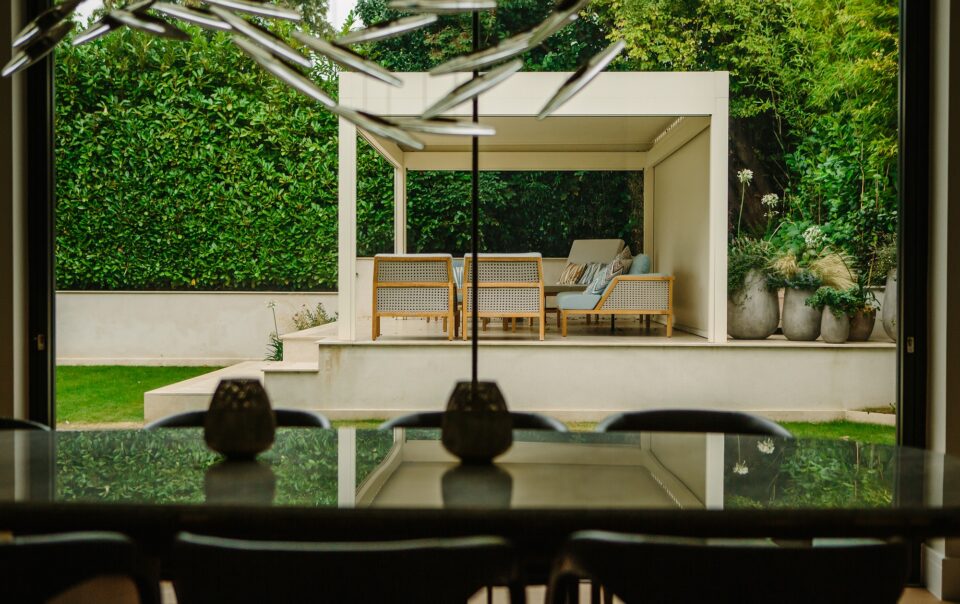 Outdoor patio seating area with water-resistant cushions